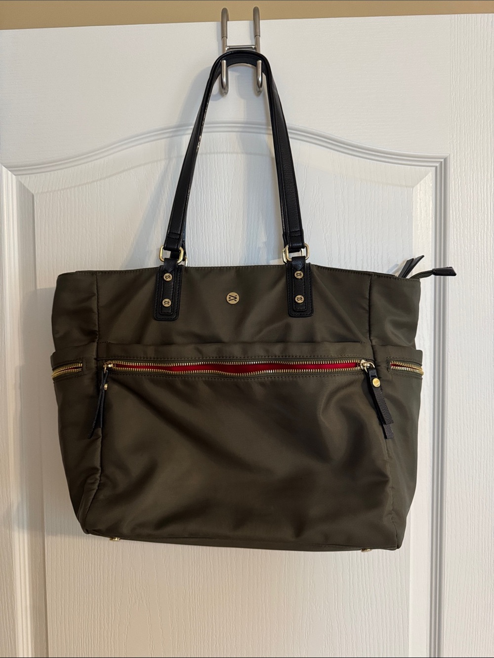 Travanti Olive Green Tote Bag with Black Handles